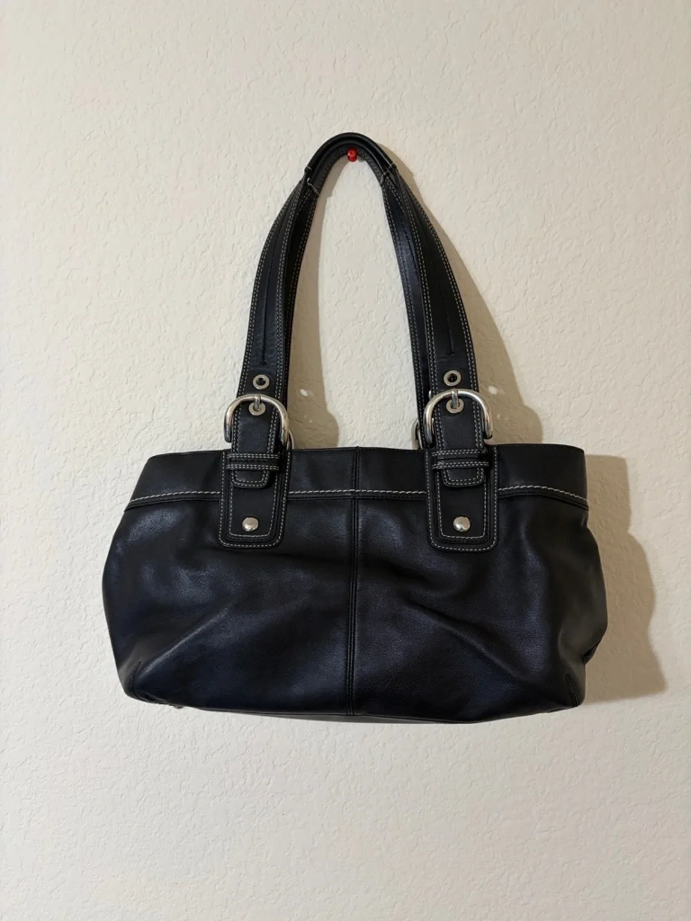 Coach Black Leather Shoulder Bag with White Contrast Stitching